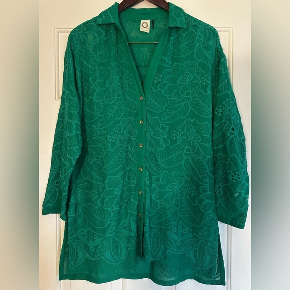 AKEMI + KIN Anthropologie Abacos Green Eyelet Tunic Blouse XS PRISTINE Patty’s - Picture 3 of 13